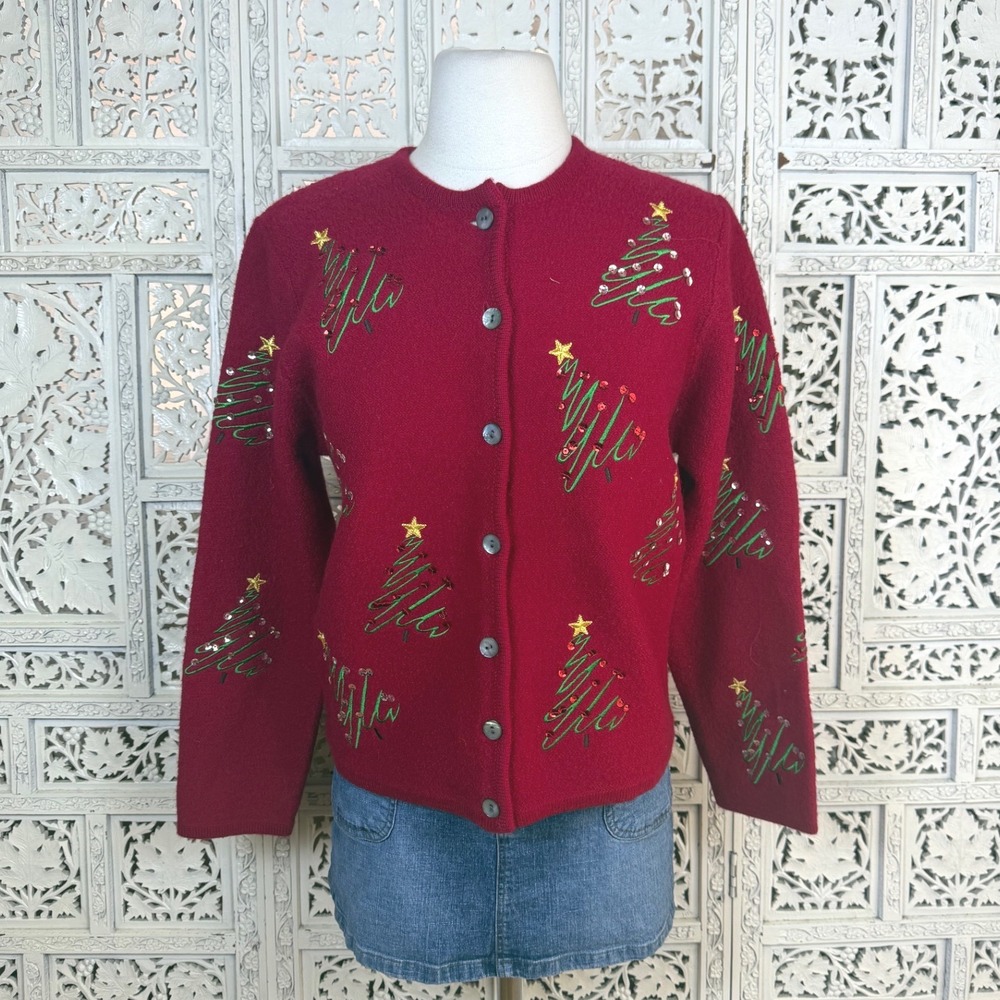 Vtg Karen Scott Petites 100% Wool Red Christmas‎ Holiday Button Up Cardigan Sz M